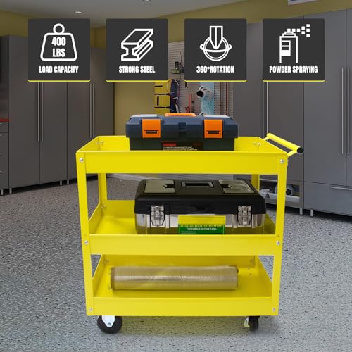 Generic 3 Tier Utility Service Cart 400 lbs, Steel Rolling Tool Cart on Wheels,Load Capacity for Mechanic Garage Warehouse Workshop & Repair Shop,Yellow