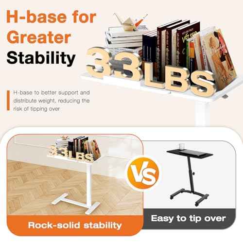 Sweetcrispy Small Standing Desk Rolling Table Adjustable Height, Laptop Mobile Stand with Wheels, Portable Computer Workstation with Tiltable Desktop for Teacher Classroom Home Office, White