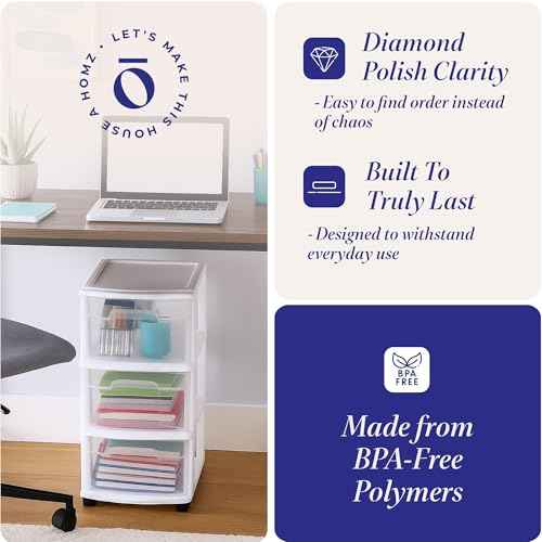 HOMZ Drawer Tower, 3-Tier Clear Plastic Storage Organizer Cart, White Frame - Heavy-Duty Organizing Drawers for Home, Bedroom, and Closet Organization