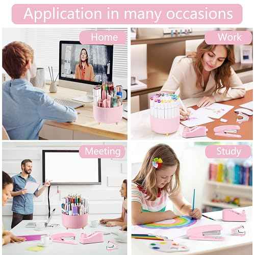 Pink Desk Accessories, Pink Office Supplies 360¡ÆPen Holder Desk Organizers And Accessories with Tape Dispenser, Stapler, Staple Remover, 1000 Staples, Tape, Clips Set, Ruler, Scissor, Pen