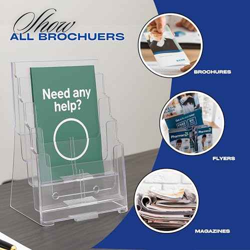 Acrylic 4-Tier Brochure Holder Pack of 2 with Free Business Card Holder 9" x 13" ? Wall Mount or Countertop Organizer for Magazines, Pamphlets, Flyers, and Menus holder with Divider for 4