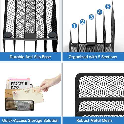 Mail Organizer with 5 Slot, Metal Mail Holder for Desk, Office File Holder Letter Organizer for Mails (Black)