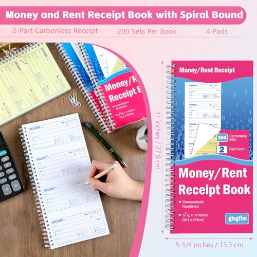 Rent Receipt Book 4-Pad Spiral Bound Carbonless 200 Sets Per Book 5-1/4 x 11 - Small Business Money & Rent Log