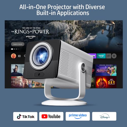 LYNCast White HP Portable Projector with Built-in Apps & USB-C Power Bank Compatibility