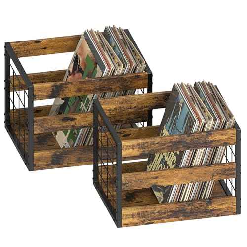 Vinyl Record Storage Box 2 Pack Albums Storage for Vinyl Records LP Record Storage Crate Vinyl Record Holder with Handle Cube Record Organizer Wooden Record Holder for Vinyl Records (Brown)