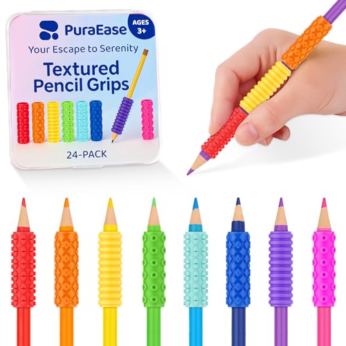 Textured Pencil Grips for Kids, Teens & Adults ? 24PC Sensory Fidget Toys for ADHD, Autism, Anxiety & Stress Relief - Ideal for Teachers as Educational Tools or Classroom Rewards