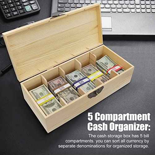 Wooden Locking Currency Money Cash Tray with Coin Tray, 5 Compartment Wooden Cash Money Currency Organizer Storage Change Box Case Holder Moneyboxes with Lockable Cover 300 Money Wrappers