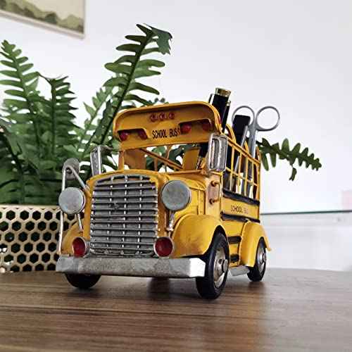 Retro Iron School Bus Model Pen Holder Pencil Pot Home Art Decor Desktop Decoration Ornaments for Office School Supplies