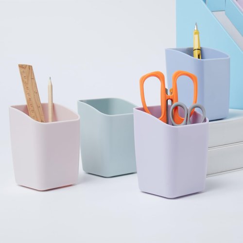Y YOMA 2 Pack Pen Holder for Desk Cute Plastic Pencil Cup Pen Container Square Organizer Modern Aesthetic Design Desktop Storage Solution for Pens, Pencils, Marker, Makeup Brush, Morandi Blue