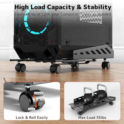 PUTORSEN Computer Tower Stand - Under Desk PC Stand for Floor with Rolling Caster Wheels, Adjustable CPU Tower Holder Fits Most PC Tower