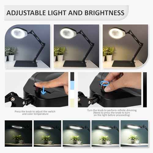 10X Magnifying Glass with Light and Stand,Dimmable Flexible Magnifying Craft Ligh, LED Lighted Magnifier Hands Free for Close Work Craft Reading Painting Hobby (Black-05)
