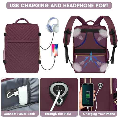 Large Carry On Travel Backpack - Flight Approved Waterproof Luggage Suitcase Backpack Personal Item Size for Women Men Fit 17 Inch Laptop College Overnight Bag Anti-Theft Weekender Daypack Dark Purple