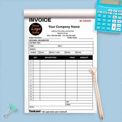 Custom Invoice Form with Your Company Name,Personalized Carbonless Sales Invoice Books Small Business Add Address,Phone and Number (Invoice-A+Logo, 2-Part [White/Yellow])
