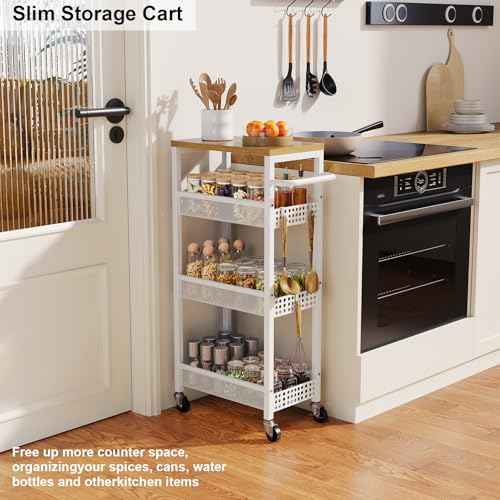 Slim Storage Cart 4 Tier Fruit and Vegetable Baskets for Kitchen Small Space, Narrow Rolling Cart on Wheels with Wooden Top and Metal Handle for Pantry, Bathroom, Laundry Room