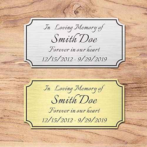 2" H x 4" W, Custom Elegant Engraved Plate, Personalized Memorial Plaque, Brushed Stainless Steel or Brass Laser Engraved Name Plates with Adhesive Backing or Screws, Notched Corner (Silver, Gold)