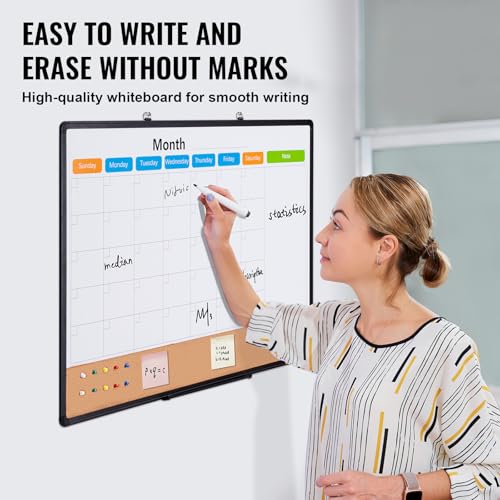 VEVOR 36"x 24" Monthly Calendar Whiteboard & Cork Board Combo with Aluminum Frame ? 2-in-1 Magnetic Dry Erase Bulletin Board for Wall Mount ? Ideal for School, Home, Office