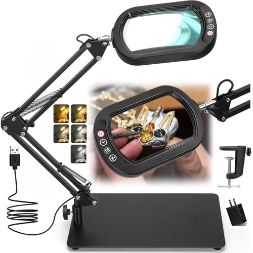 Veemagni 10X Rectangle Magnifying Glass with Light and Stand, 5 Color Modes Stepless Dimmable, 2-in-1 LED Lighted Desk Lamp & Clamp, Hands Free Magnifier for Reading Crafts Repair Painting Close Work