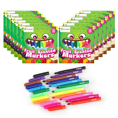 D-FantiX 12 Packs Fruit Scented Washable Markers for Kids Toddlers, 144 Count Coloring Markers Set, Bulk Art Supplies, Back to School Supplies, Gifts for Party Favors, Classroom Prizes, Donations