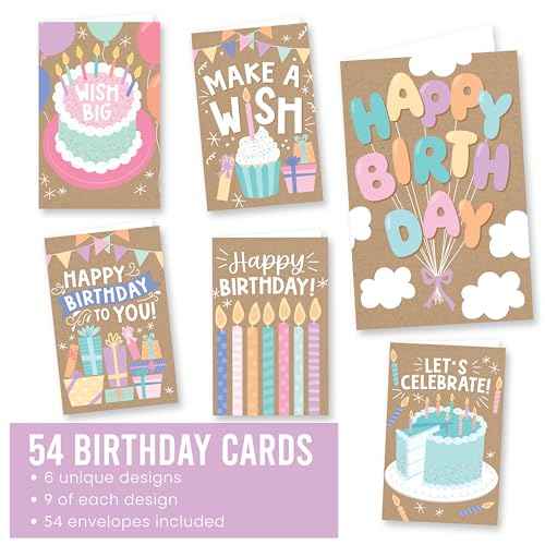 Hadley Designs Happy Birthday Cards Bulk with Envelopes - 54 Assorted Birthday Cards for Kids & Adults, Bulk Greeting Card Pack for Office, Generic Bday Notecards with Envelopes, Designed in USA