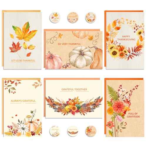24 Pack Thanksgiving Cards with Envelopes, 4 x 6 in Bulk Thanksgiving Cards with Stickers, 6 Designs Thanks & Blessings Greeting Card Boxed for Fall Autumn Holiday Happy Harvest Party