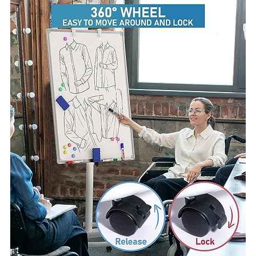 Nicpro Mobile Whiteboard 36"x 24" Magnetic Dry Erase Board, Height Adjustable Standing Easel With 5 Wheels, Flipchart Hooks, Rolling for Office Home or Classroom Teaching