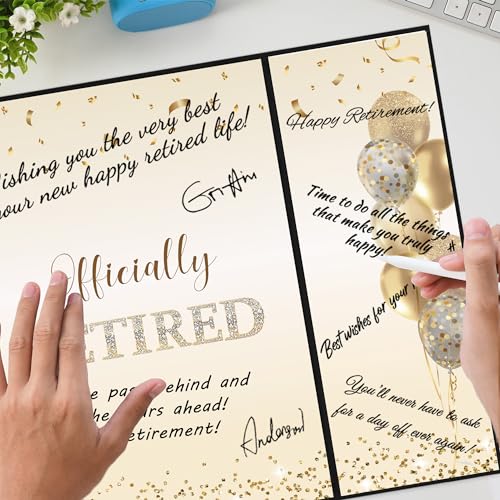 DARUNAXY Black Gold Retirement Party Decorations, Officially Retired Alternative Signature Guest Book for Men Women Happy Retirement Gifts Signing Card Board for Retirement Farewell Party Supplies
