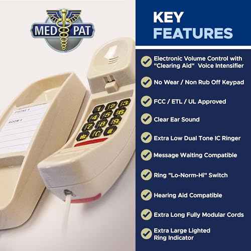 Med-Pat T-4 Full-Featured Trimline Telephone w/Ring/in-Use Light Indicator - Corded Wall Phone w/Full Range Volume Control, Hearing Aid Compatible, Ideal for Hotel, Business & Landline Use- Cream
