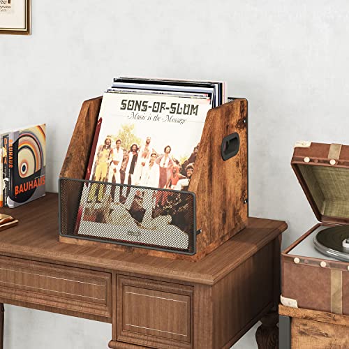 Homeiju Vinyl Record Storage, Record Box Case Crate, Vinyl Record Album Holder, Desktop Metal & Wooden LP Record Crate, Holds up to 60 Records£¨Patent No.D1024563