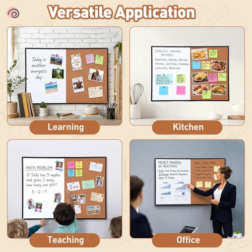 Magnetic Whiteboard & Cork Bulletin Board Combo - 48x36 Inch Wall Mount Office & Classroom Organizer