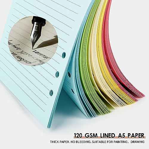 Lined Refill Paper, A5 Planner Inserts, Colorful Ruled Journal Fillers for 6-Ring Binder,5-color 120 GSM Thick Loose Leaf Paper,50 Sheets/100 Pages(50, A5£¨8.26x5.6in£©)