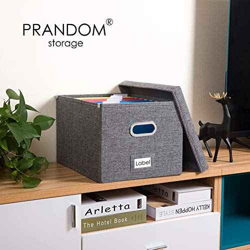 PRANDOM File Organizer Box - Set of 2 Collapsible Decorative Linen Filing Storage Hanging File Folders with Lids Office Cabinet Letter/Legal Size Grey (17x14x11.2 inch)