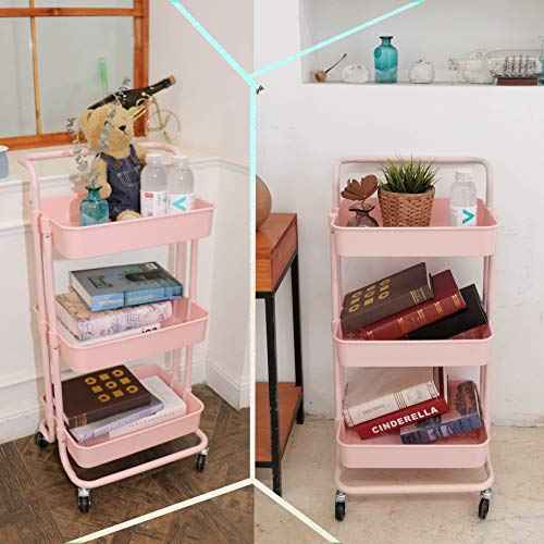 3 Tier Utility Rolling Cart Multifunction Organizer Shelf Storage Cart with 3 Pieces Cups and 8 Pieces Hooks for Home Kitchen Bathroom Laundry Room Office Store etc. (Pink)