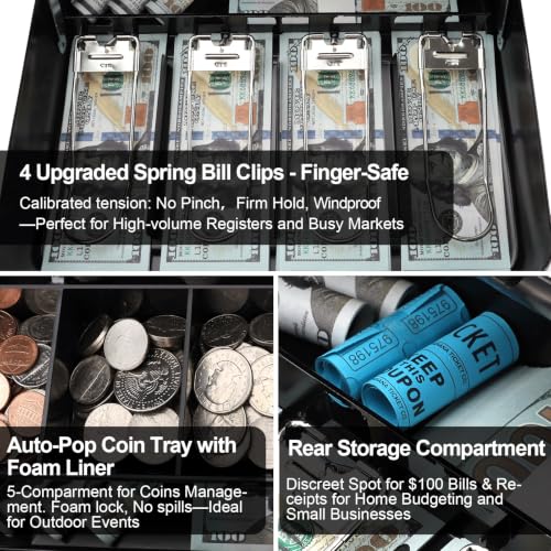 Jssmst Black Key Cash Box with Lock, 11.8-Inch Metal Money Storage for Garage & Yard Sales