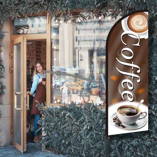Coffee Advertising Swooper Flag Banner 8.2ft Feather Flags with Pole and Ground Stake Advertising Feather Banner Signs for Business Store Fronts (Brown)