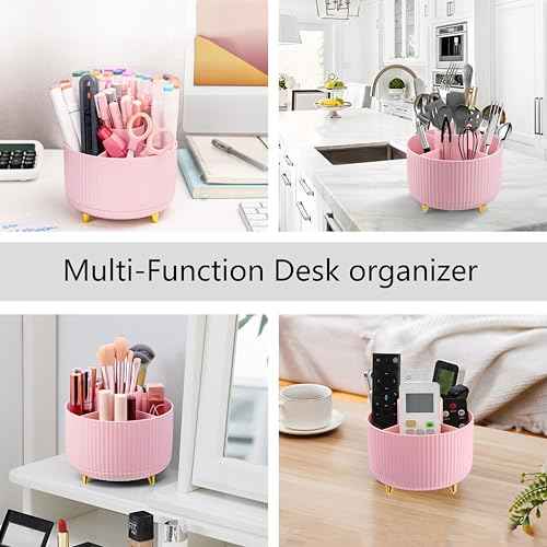 Pink Desk Accessories, Pink Office Supplies 360¡ÆPen Holder Desk Organizers And Accessories with Tape Dispenser, Stapler, Staple Remover, 1000 Staples, Tape, Clips Set, Ruler, Scissor, Pen