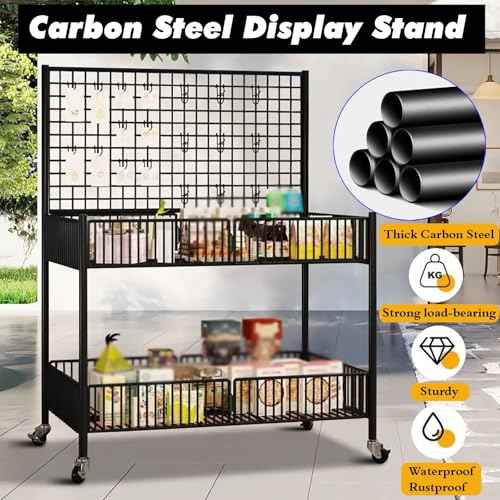 Rolling Metal Wire Retail Display Stand with 4 Wheels & 10 Hooks, Mobile Street Food Vendor Cart for Craft Show Fair/Flea Market/Events, Gridwall Panel Showing Rack(Black,25 3/5inch)