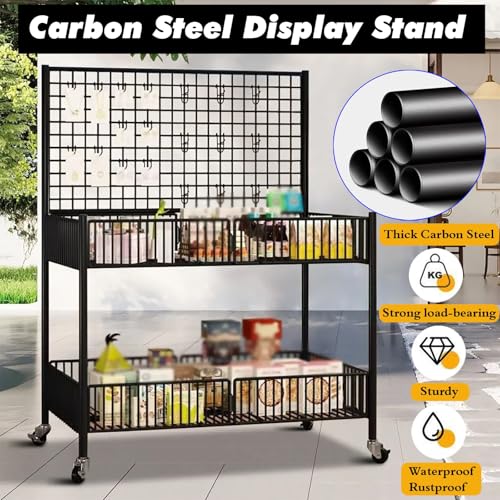 25 3/5 Inch Black Metal Wire Retail Display Stand with 4 Wheels & 10 Hooks