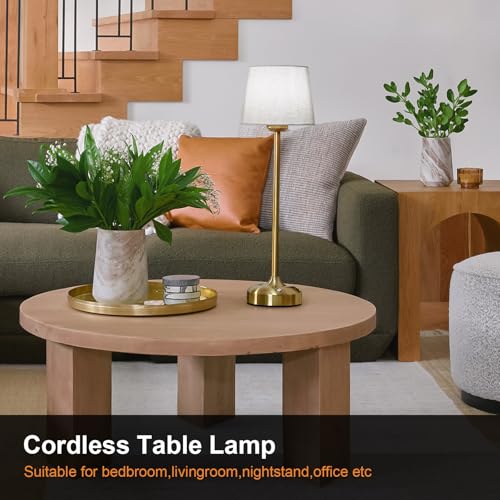 YAYZA! Cordless Table Lamp Adjustable Height Desk lamp, Fabric Shade 7500mAh Rechargeable LED Wireless Touch Night Light Stepless Dimming, 3 Color Temperatures with Edison Bulb (High Gold - 2 Pack)