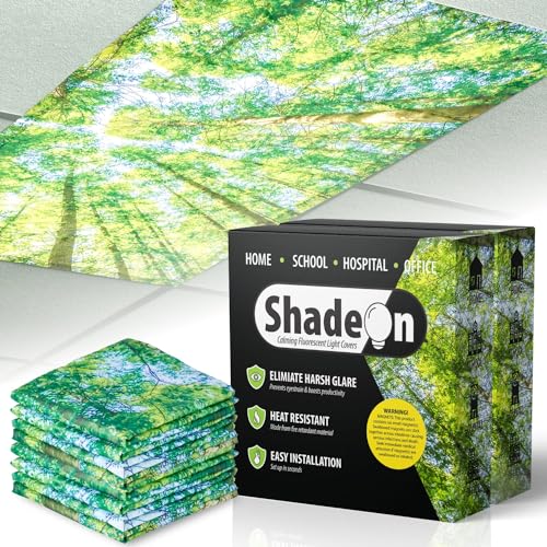 ShadeOn Fluorescent Light Covers for Ceiling Lights (8-Pack) - 2x4 ft Magnetic Light Covers for Ceiling Lights Classroom - Office Light Covers for Fluorescent Lights - Forest Canopy