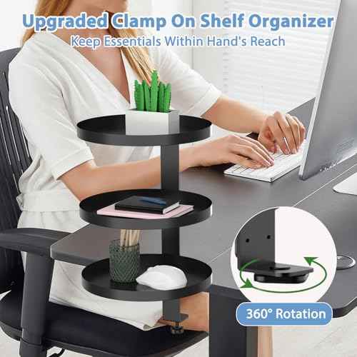 Swivel Clamp On Desk Shelf with 9.8in Adjustable Metal Storage Tray Above or Under Desk Storage 3-Tier Desk Extension Shelving Unit No Drilling Desktop Shelves for Max Desktop Thickness 2.7in