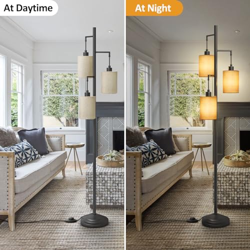 3 Lights Boho Floor Lamps with ON/Off Foot Switch Tree Standing Lamp with Hanging Lampshades Farmhouse Floor Lamp Tall Pole Lamp for Living Room Bedroom Office, 3 PCS 6W Bulbs Included