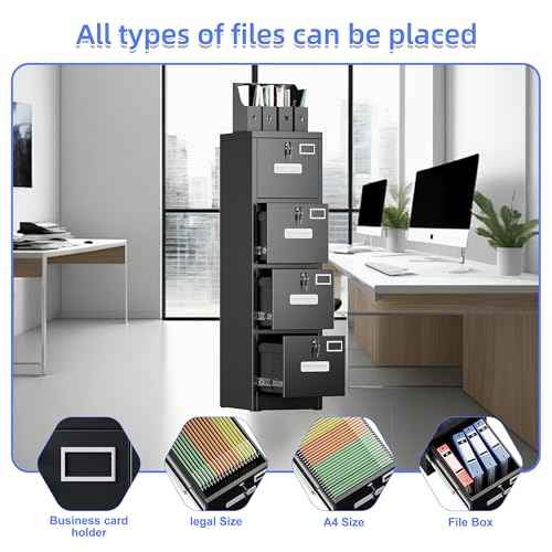 SUXXAN 4 Drawer File Cabinet, Metal Vertical Black Filing Cabinets with Locks Name Card Holder for Home Office, Assembly Required