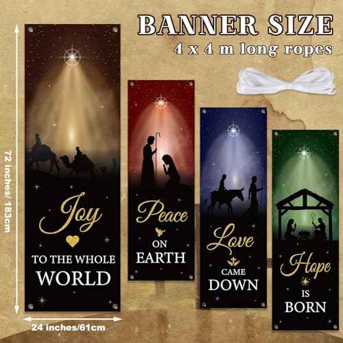 4Pcs Welcome Religious Christmas Banners for Church Sanctuary Wall - Hanging Backdrop Nativity Scene Banner Scripture - Holiday Porch Signs for School Nativity Decor