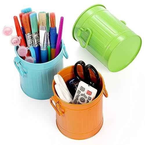 9 Pack Metal Pen Holder, Mini Pencil Bucket with Handle, Desktop Pencil Cup Makeup Brush Organizer, Desk Colorful Small Pails, Stationary Supplies Container for Office Classroom School Crafts