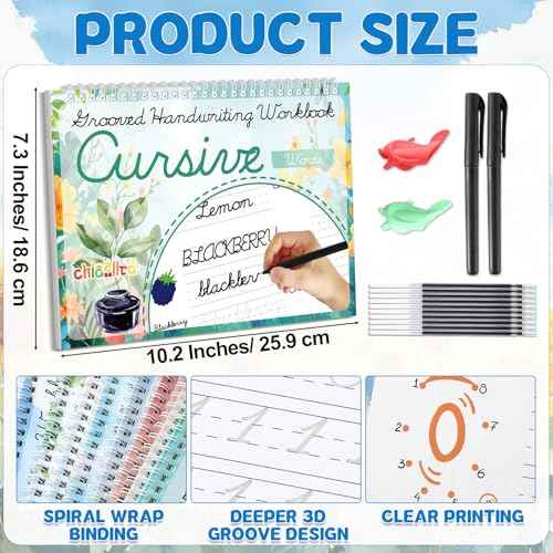 chiazllta 8 Pack Grooved Cursive Handwriting Workbook with Disappearing Ink Pens Magic Grooved Cursive Reusable Handwriting Practice Books Copybooks for Kids Beginners Learning Activities Supplies