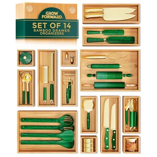 Grow Forward Bamboo Drawer Organizer Boxes - Set of 14 Wooden Drawer Organizers for Kitchen, Bathroom, Office, Desk, Vanity, Makeup - Non-Slip Junk Drawer Organizer Trays for Storage and Organization