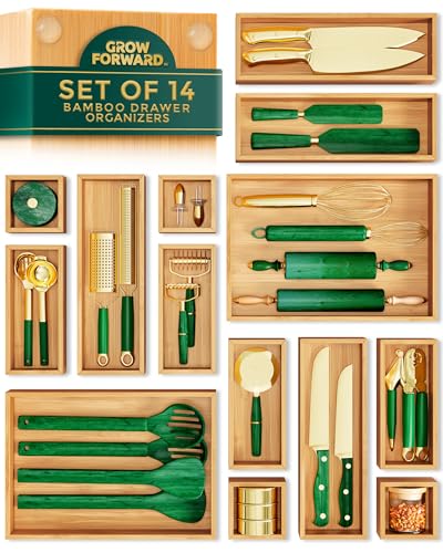 Grow Forward 14-Piece Bamboo Drawer Organizer Set - Multi-Size Storage Trays for Kitchen, Bathroom, Office & Makeup