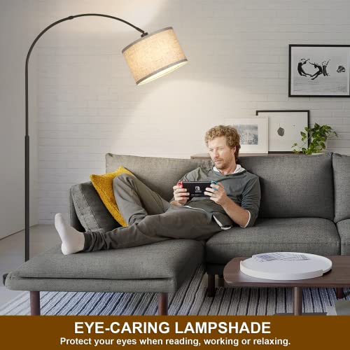 Seaside Village Black Arc Floor Lamp with Adjustable Drum Shade for Living Room & Bedroom