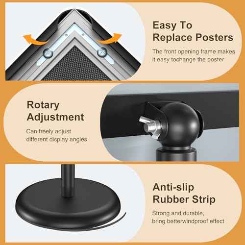 Sign Stand Holder 8.5x11 Inches, Stand Up Sign Holder 8.5 x 11 with Rotated Frame, Height Adjustable Sign Stand and Snap-Open Frame