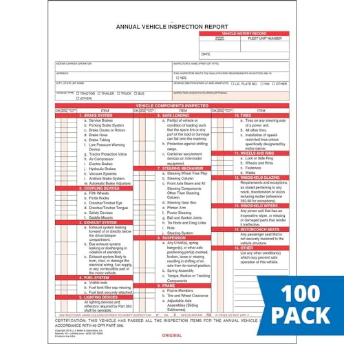 J. J. Keller Annual Vehicle Inspection Report Forms, 100-pack